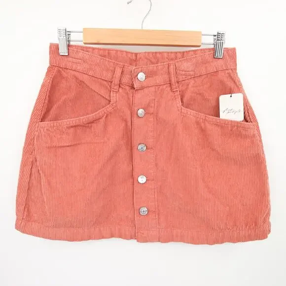 Free People Skirt Burnt Orange Corduroy Ray Cord Mini Button Front High Rise 6 - Picture 2 of 12